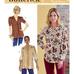 Cover of Butterick sewing pattern B6855 featuring designs for three different women's blouses. Versions A and B are illustrated, each with distinct styles, and option C is modeled by a woman wearing a long-sleeved blouse with a white, brown, and red print.