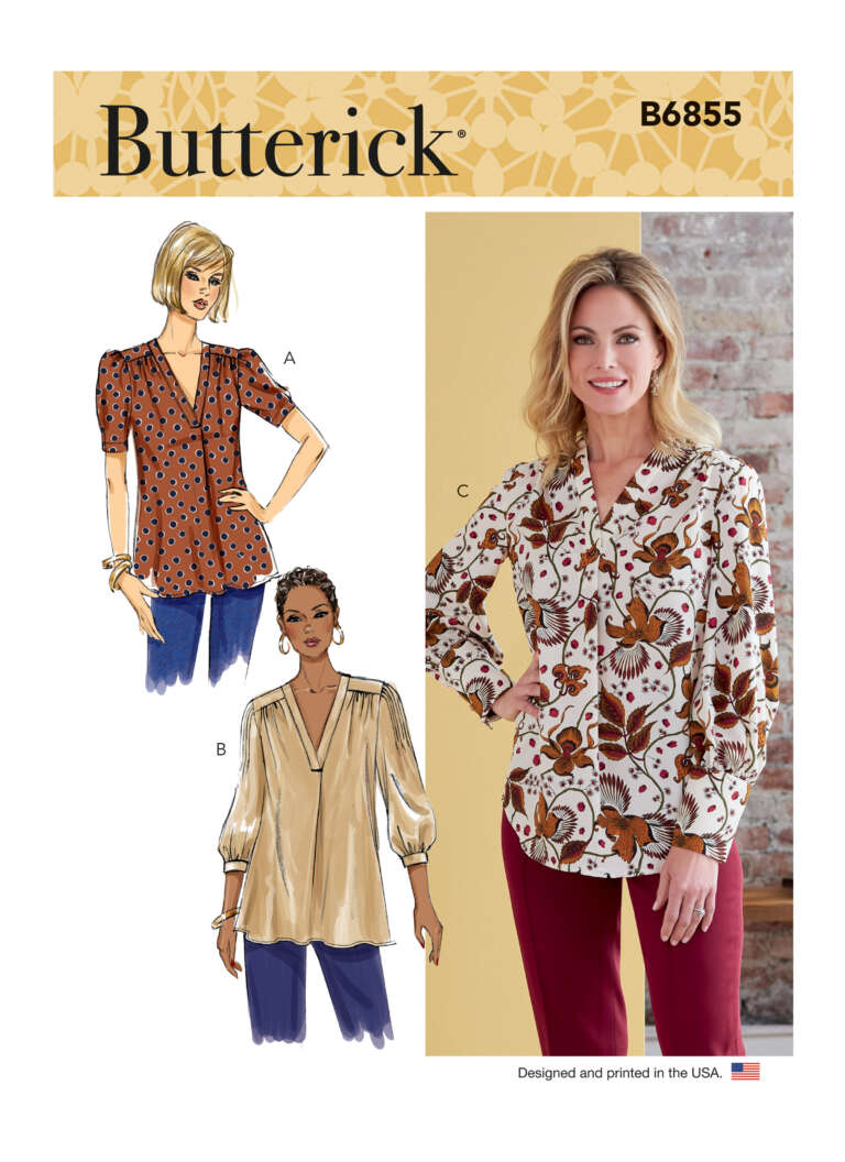 Cover of Butterick sewing pattern B6855 featuring designs for three different women's blouses. Versions A and B are illustrated, each with distinct styles, and option C is modeled by a woman wearing a long-sleeved blouse with a white, brown, and red print.