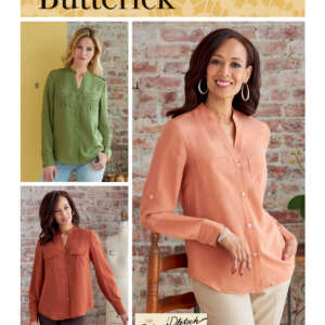 The image shows a Butterick sewing pattern (B6856) for women’s button-up shirts. It features three variations: A - peach shirt with tan pants, B - moss green shirt with blue jeans, C - rust shirt with brown pants. The background includes exposed brick walls.
