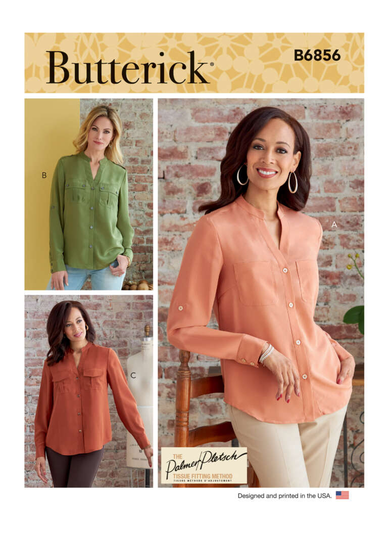 The image shows a Butterick sewing pattern (B6856) for women’s button-up shirts. It features three variations: A - peach shirt with tan pants, B - moss green shirt with blue jeans, C - rust shirt with brown pants. The background includes exposed brick walls.