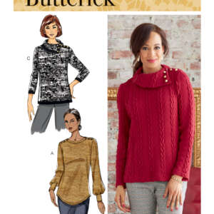 Butterick pattern B6857 cover. It shows three women's sweater designs: a red cable-knit sweater with buttons on the collar (model B), a black and white patterned sweater (model C), and a golden-brown sweater with balloon sleeves (model A).