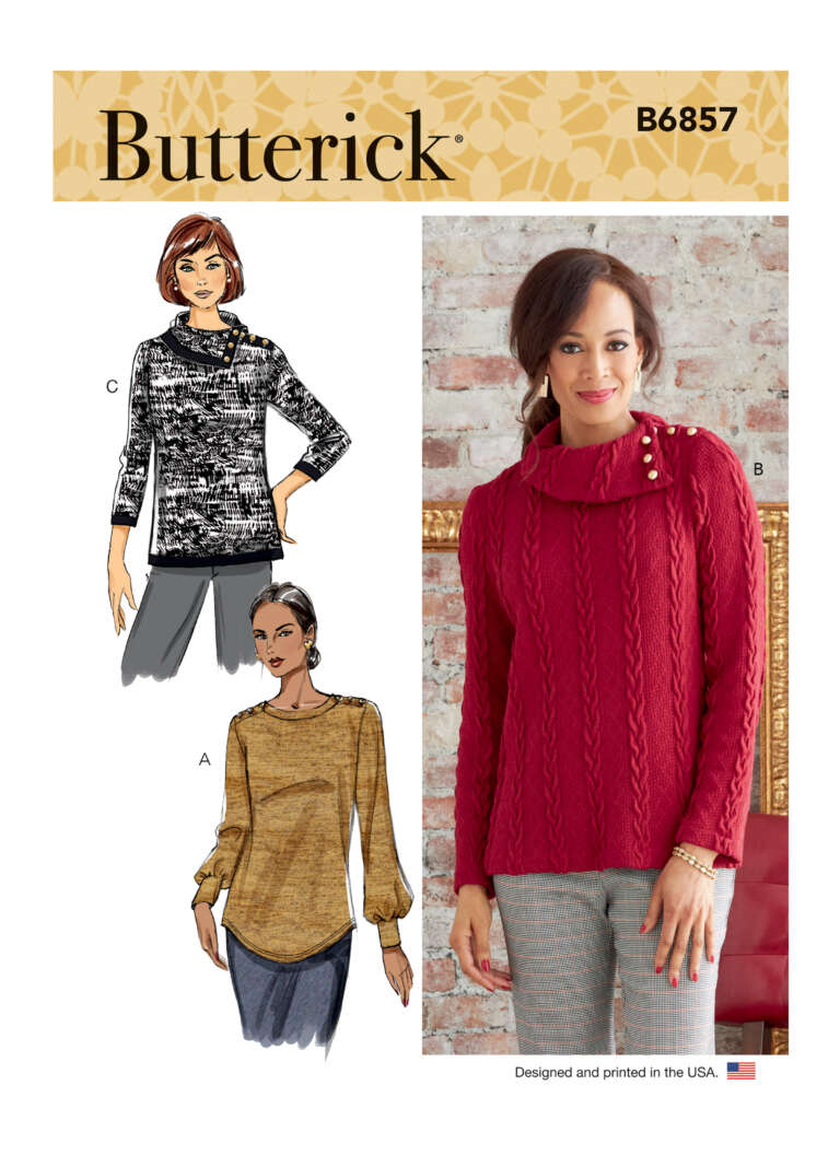 Butterick pattern B6857 cover. It shows three women's sweater designs: a red cable-knit sweater with buttons on the collar (model B), a black and white patterned sweater (model C), and a golden-brown sweater with balloon sleeves (model A).