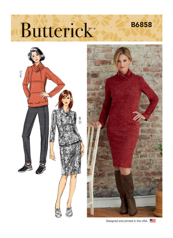 Butterick sewing pattern B6858 features a woman wearing a red cowl-neck dress with long sleeves and knee-high boots, standing by a chair. Accompanying illustrations show a woman in a red casual outfit with pants, and another woman in a gray plaid dress.