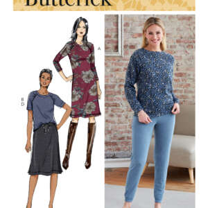 Butterick sewing pattern B6859 showcases three different women's outfits. Illustration A features a woman in a floral, long-sleeve dress. B and D display a woman in a t-shirt with a skirt. A photograph depicts a woman wearing a floral blouse, and blue pants.