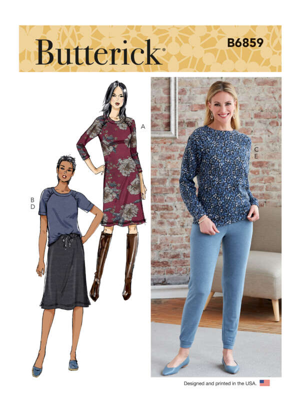 Butterick sewing pattern B6859 showcases three different women's outfits. Illustration A features a woman in a floral, long-sleeve dress. B and D display a woman in a t-shirt with a skirt. A photograph depicts a woman wearing a floral blouse, and blue pants.