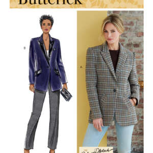 Two women modeling jackets from the Butterick B6862 pattern. Model A wears a checkered blazer paired with light jeans, standing against a textured wall. Model B is an illustration wearing a shiny navy blazer, gray pants, and holding a small clutch bag.