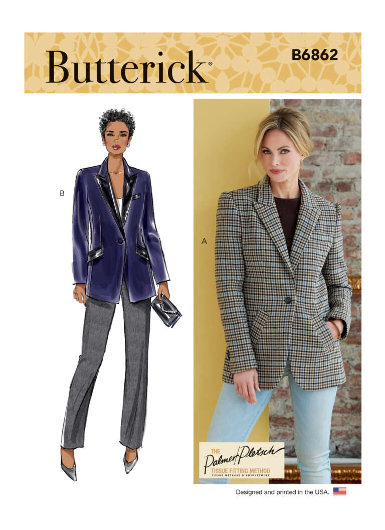 Two women modeling jackets from the Butterick B6862 pattern. Model A wears a checkered blazer paired with light jeans, standing against a textured wall. Model B is an illustration wearing a shiny navy blazer, gray pants, and holding a small clutch bag.