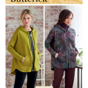 Butterick B6863 pattern cover showing two women wearing different zip-up hoodies. The left woman wears a mustard yellow hoodie with zip details, while the right woman wears a floral patterned hoodie. Both hoodies have a front pocket and relaxed fit.