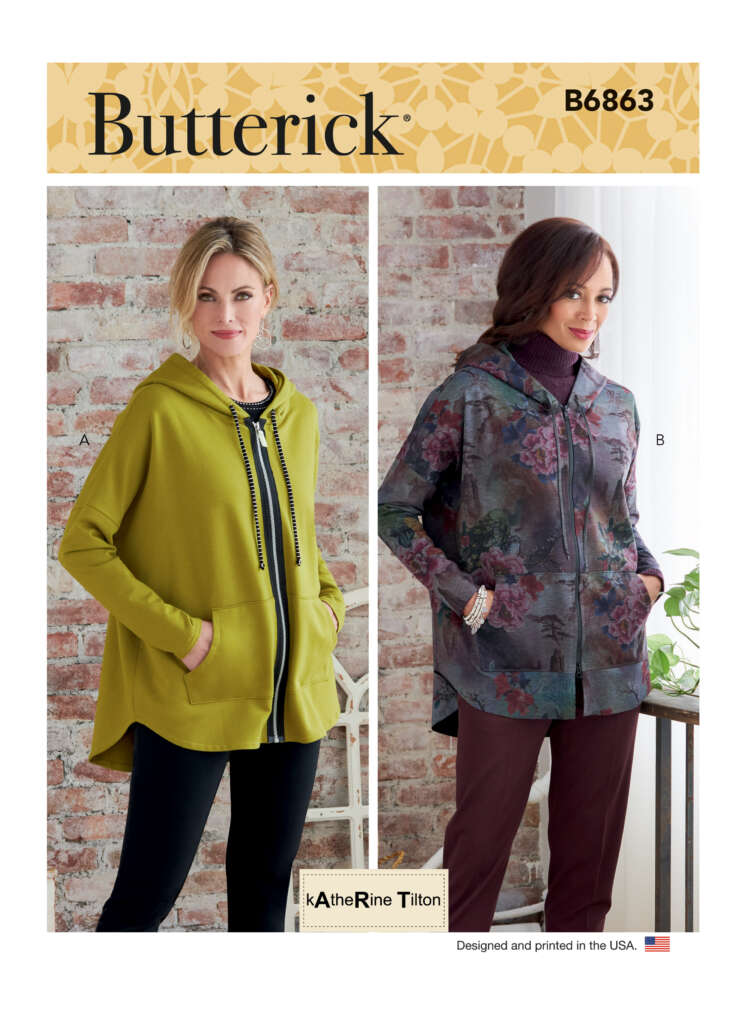 Butterick B6863 pattern cover showing two women wearing different zip-up hoodies. The left woman wears a mustard yellow hoodie with zip details, while the right woman wears a floral patterned hoodie. Both hoodies have a front pocket and relaxed fit.