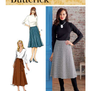 Butterick sewing pattern B6866 for women's skirts. The pattern features two skirt styles: one with an A-line cut (Style A) and another with a buttoned front (Style B). The cover shows an illustration and a model wearing the A-line skirt in a gray houndstooth fabric.