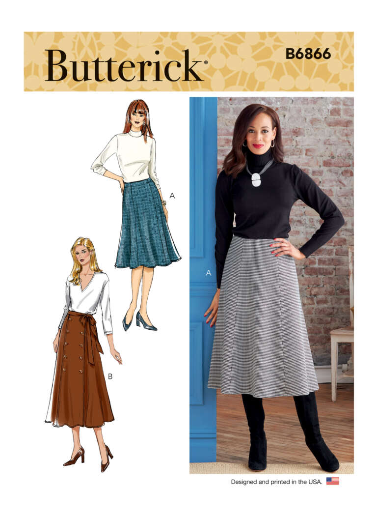 Butterick sewing pattern B6866 for women's skirts. The pattern features two skirt styles: one with an A-line cut (Style A) and another with a buttoned front (Style B). The cover shows an illustration and a model wearing the A-line skirt in a gray houndstooth fabric.