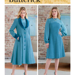 Butterick sewing pattern B6868 features a woman modeling two outfits. Outfit A is a blue, buttoned coat with lapels and long sleeves. Outfit B is a blue dress with sheer long sleeves and a gathered waist. She is standing in a room with a brick wall background.