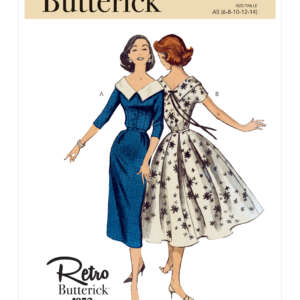 Cover of a Butterick sewing pattern (B6870) featuring two women's dresses from the 1950s. Dress A is a fitted, knee-length, long-sleeve dress with a wide collar. Dress B is a knee-length, short-sleeve dress with a full skirt and floral print.