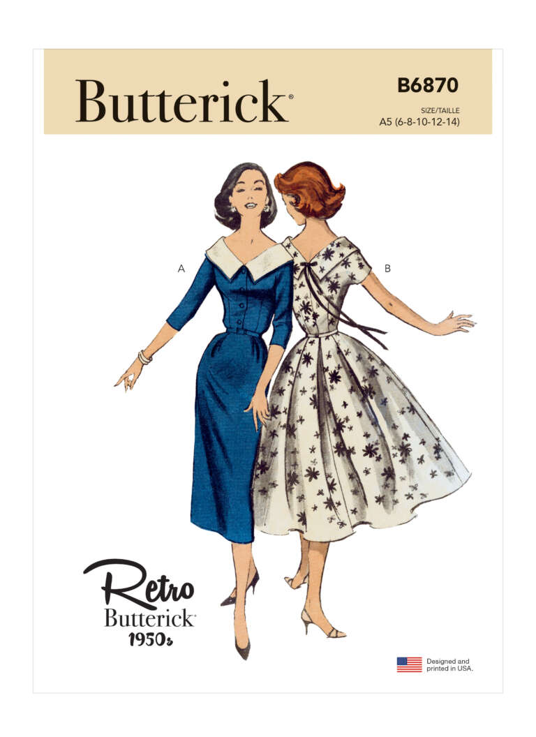 Cover of a Butterick sewing pattern (B6870) featuring two women's dresses from the 1950s. Dress A is a fitted, knee-length, long-sleeve dress with a wide collar. Dress B is a knee-length, short-sleeve dress with a full skirt and floral print.