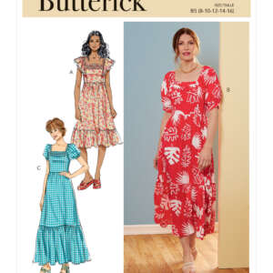A Butterick pattern cover for women's dresses B6872. Dress A is shown with short, ruffled sleeves and a floral print. Dress B features puff sleeves and a red leafy print. Dress C is a checkered pattern with puff sleeves and a tiered skirt. Pattern sizes 8-16.