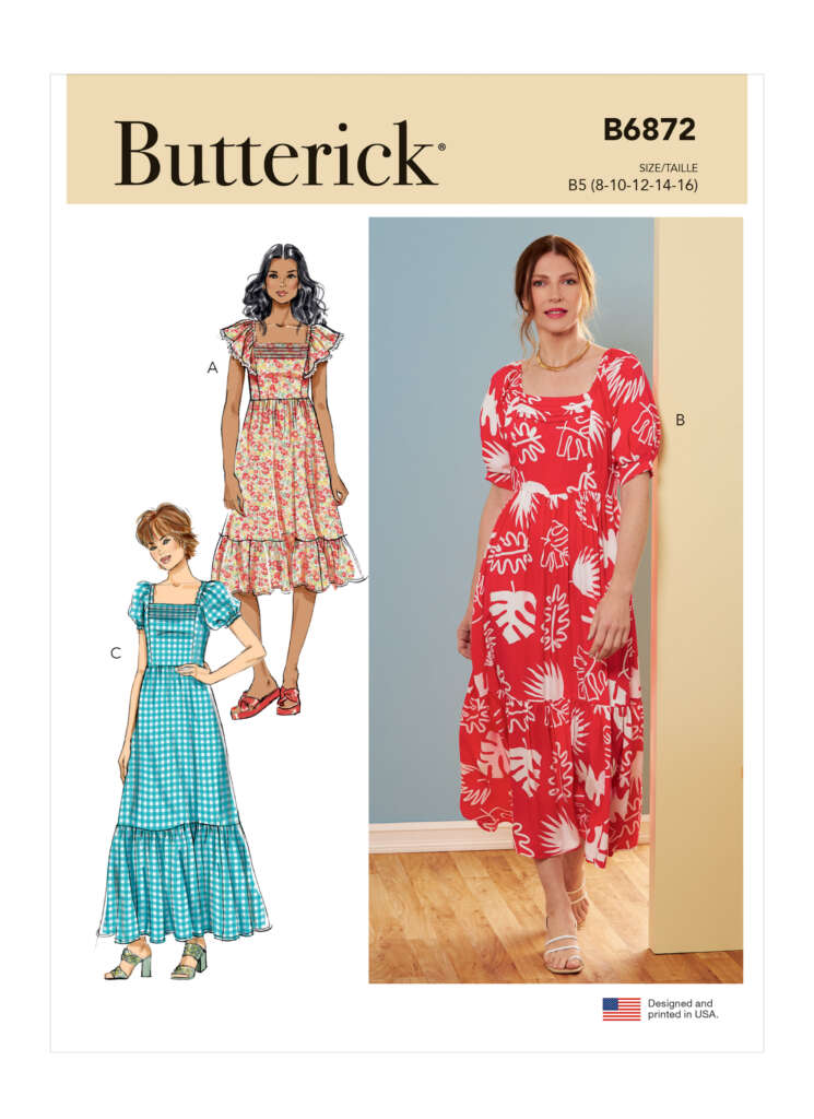 A Butterick pattern cover for women's dresses B6872. Dress A is shown with short, ruffled sleeves and a floral print. Dress B features puff sleeves and a red leafy print. Dress C is a checkered pattern with puff sleeves and a tiered skirt. Pattern sizes 8-16.