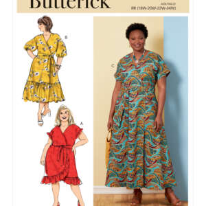 Butterick sewing pattern B6873 cover. The image features three variations of a dress pattern for plus sizes. Design A is a knee-length dress with a ruffled hem and short sleeves, design B is a mid-length dress with flutter sleeves, and design C is a maxi dress with a sash at the waist.