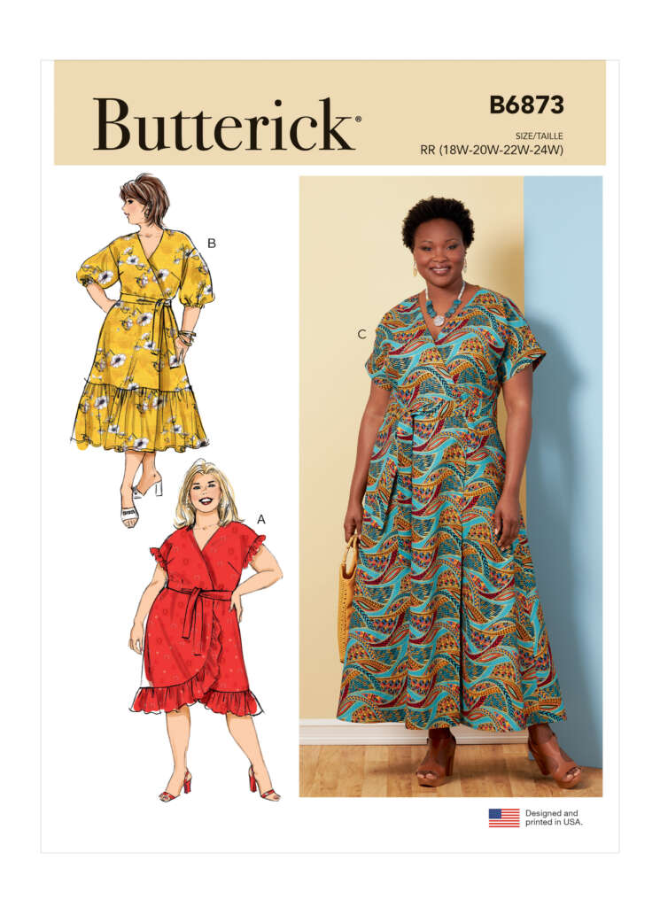 Butterick sewing pattern B6873 cover. The image features three variations of a dress pattern for plus sizes. Design A is a knee-length dress with a ruffled hem and short sleeves, design B is a mid-length dress with flutter sleeves, and design C is a maxi dress with a sash at the waist.