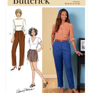 Image of a Butterick sewing pattern, B6878, for women's pants and shorts. The cover shows three styles: a woman wearing blue pants and an orange blouse, a drawing of a woman in brown high-waisted pants with a white top, and another in brown shorts with a white top.
