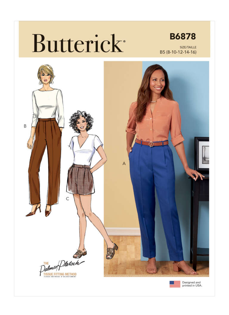 Image of a Butterick sewing pattern, B6878, for women's pants and shorts. The cover shows three styles: a woman wearing blue pants and an orange blouse, a drawing of a woman in brown high-waisted pants with a white top, and another in brown shorts with a white top.