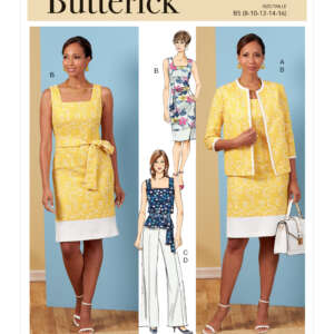 Pattern cover for Butterick B6882 featuring a woman modeling a yellow and white dress with a matching jacket (Option A). Other views showcase a floral dress (Option B), a navy sleeveless top with white pants (Option C), and a floral sleeveless top with a white skirt (Option D).