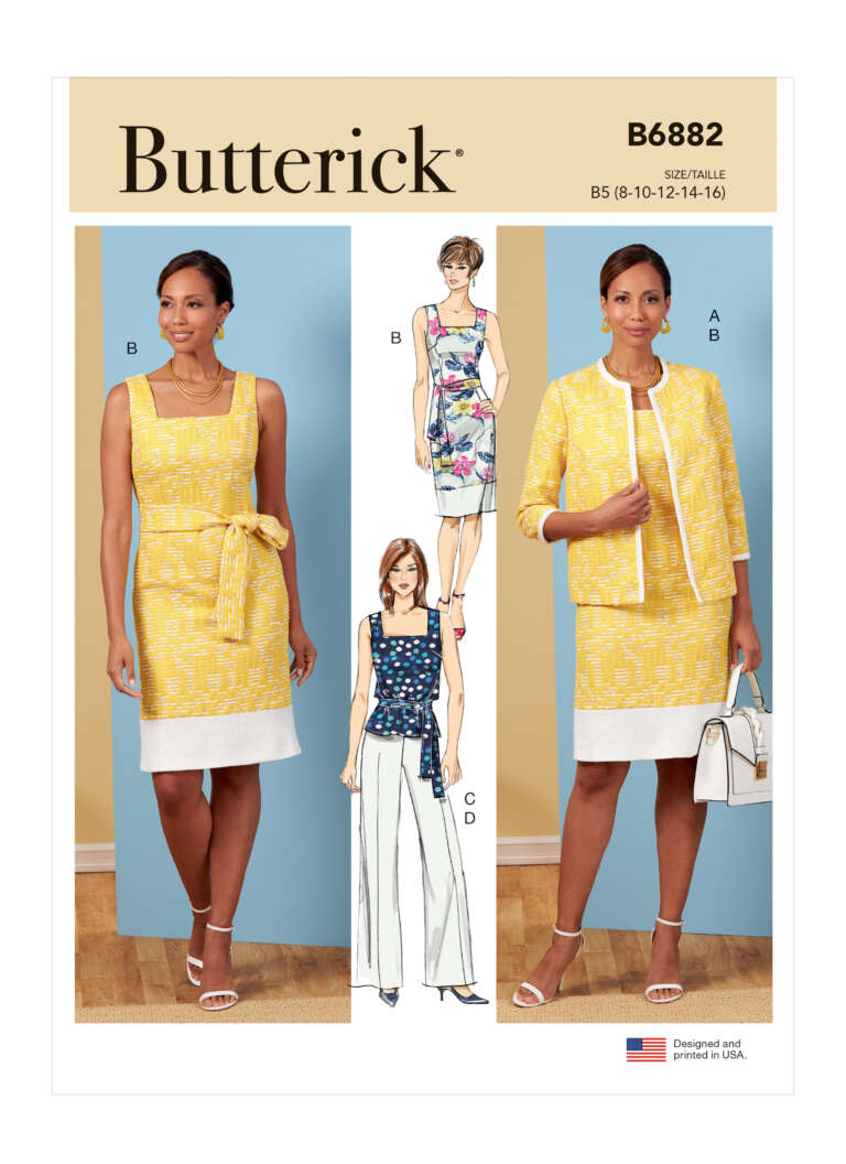 Pattern cover for Butterick B6882 featuring a woman modeling a yellow and white dress with a matching jacket (Option A). Other views showcase a floral dress (Option B), a navy sleeveless top with white pants (Option C), and a floral sleeveless top with a white skirt (Option D).