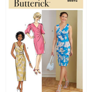 Cover of a Butterick sewing pattern B6892. It features illustrations and a photo of three women wearing dresses with a fitted bodice and knee-length skirt. Dress A is blue with white floral print, Dress B is yellow with white floral print, and Dress C is pink.
