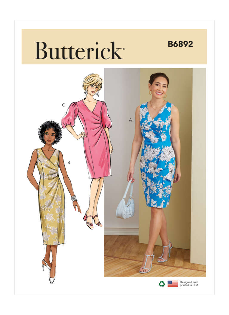 Cover of a Butterick sewing pattern B6892. It features illustrations and a photo of three women wearing dresses with a fitted bodice and knee-length skirt. Dress A is blue with white floral print, Dress B is yellow with white floral print, and Dress C is pink.