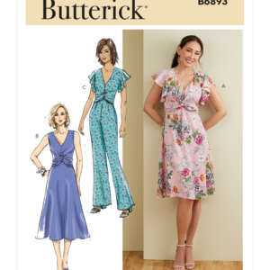 Sewing pattern cover for Butterick B6893. Features a smiling woman in a floral V-neck dress with flutter sleeves (View A), an illustration of a woman in a blue V-neck dress (View B), and an illustration of a woman in a floral V-neck jumpsuit (View C).