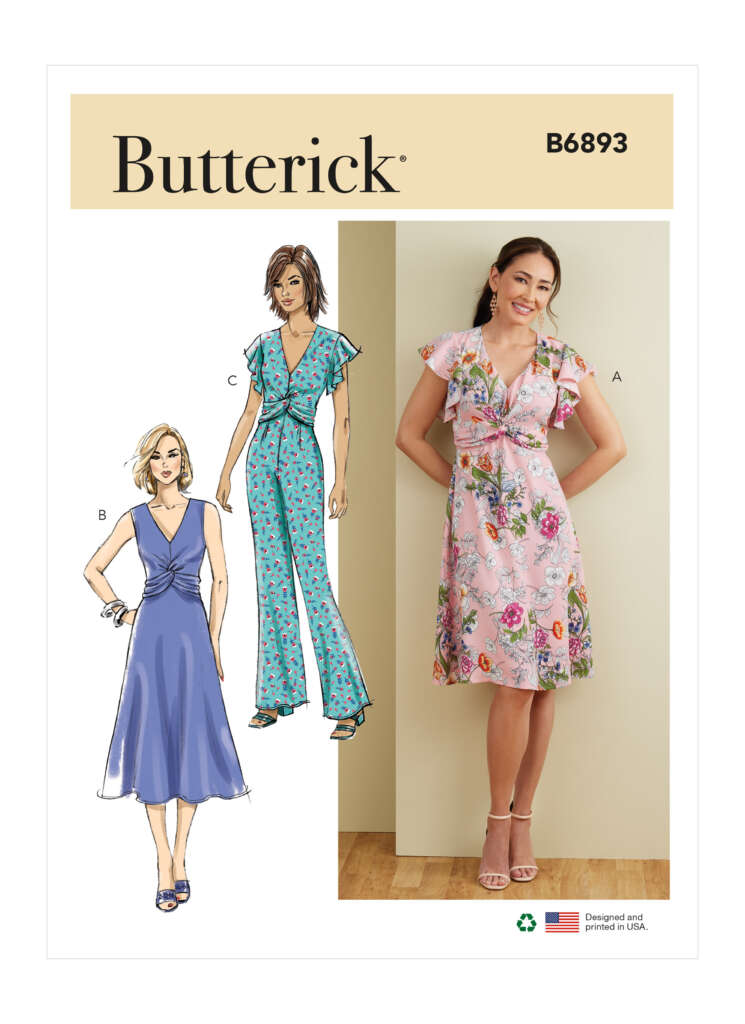 Sewing pattern cover for Butterick B6893. Features a smiling woman in a floral V-neck dress with flutter sleeves (View A), an illustration of a woman in a blue V-neck dress (View B), and an illustration of a woman in a floral V-neck jumpsuit (View C).