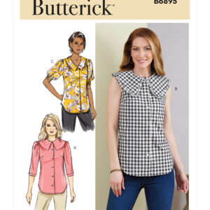Butterick pattern B6895 cover showing three women's blouse designs. Design A is a light pink button-up with 3/4 sleeves, B is a black-and-white checkered top with short sleeves, and C is a yellow floral blouse with short puff sleeves. The Butterick logo is at the top.