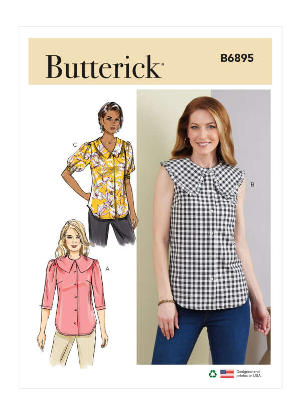 Butterick pattern B6895 cover showing three women's blouse designs. Design A is a light pink button-up with 3/4 sleeves, B is a black-and-white checkered top with short sleeves, and C is a yellow floral blouse with short puff sleeves. The Butterick logo is at the top.