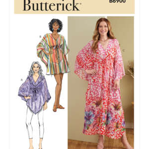 The image shows a Butterick sewing pattern (B6900) featuring three designs for women's loose-fitting, V-neck caftans with kimono sleeves. Design A is purple, paired with white pants; Design B is a striped short dress; and Design C is a long, pink, floral dress.