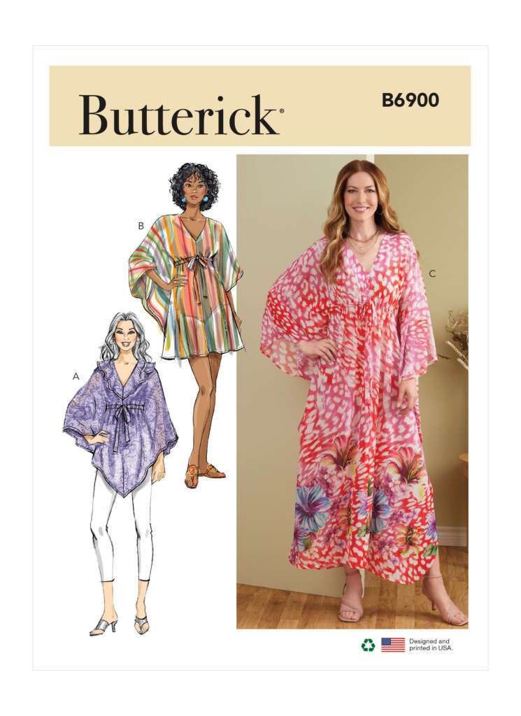 The image shows a Butterick sewing pattern (B6900) featuring three designs for women's loose-fitting, V-neck caftans with kimono sleeves. Design A is purple, paired with white pants; Design B is a striped short dress; and Design C is a long, pink, floral dress.