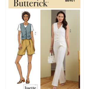 Butterick B6901 sewing pattern cover. Shows two female models wearing the same vest. Model A wears a white vest with matching wide-leg pants, holding a white bag and smiling. Model C wears a blue vest over a white T-shirt paired with mustard yellow shorts.