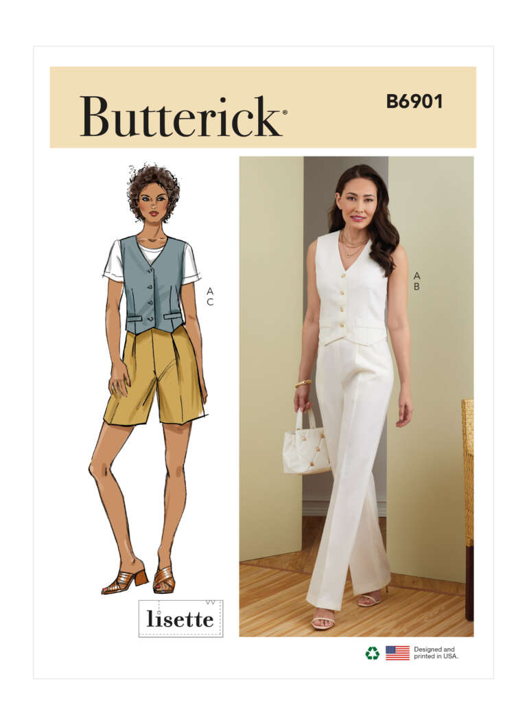 Butterick B6901 sewing pattern cover. Shows two female models wearing the same vest. Model A wears a white vest with matching wide-leg pants, holding a white bag and smiling. Model C wears a blue vest over a white T-shirt paired with mustard yellow shorts.