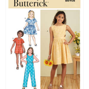 Butterick B6908 sewing pattern cover depicting a girl wearing a yellow sleeveless dress and holding sunflowers. Illustrations show variations, including a blue short-sleeve dress, a red short-sleeve dress, and a blue sleeveless jumpsuit.
