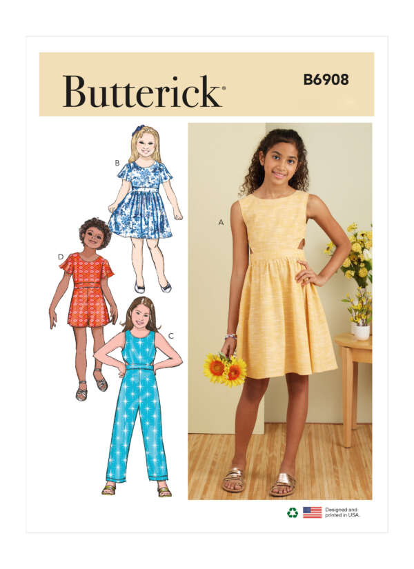 Butterick B6908 sewing pattern cover depicting a girl wearing a yellow sleeveless dress and holding sunflowers. Illustrations show variations, including a blue short-sleeve dress, a red short-sleeve dress, and a blue sleeveless jumpsuit.