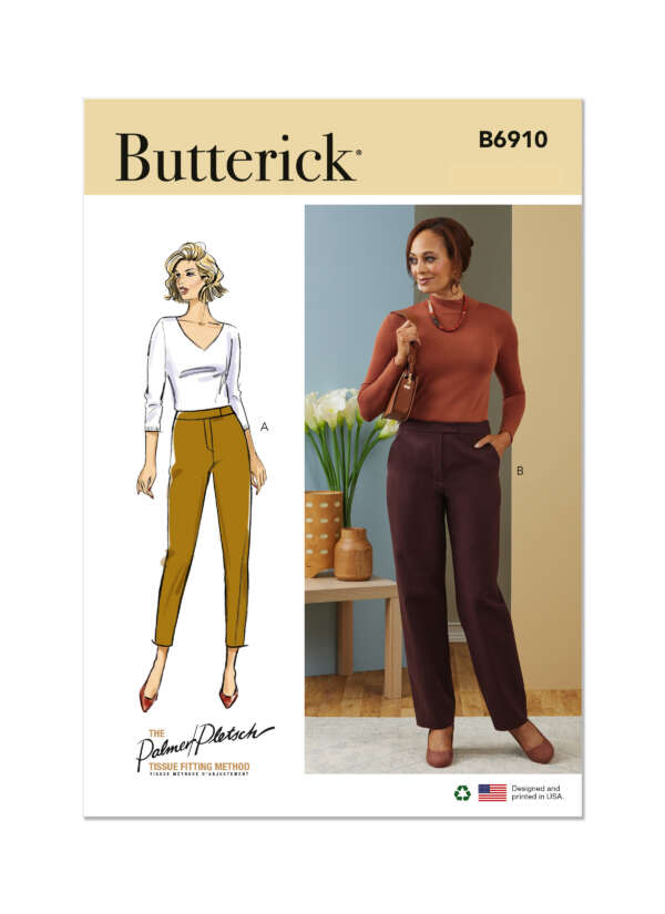 Butterick pattern B6910 cover featuring two women's pants designs. Design A shows an illustration of a woman in a white top and brown pants. Design B shows a photo of a woman in a rust-colored top and dark burgundy pants, holding a bouquet of flowers.