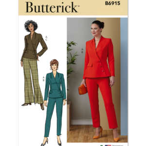Cover of a Butterick sewing pattern B6915 featuring a women’s tailored suit. The cover displays a photo of a model in a red suit and two illustrations of the suit in brown and green variations. The pattern includes options for jackets and pants.