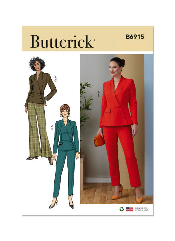 Cover of a Butterick sewing pattern B6915 featuring a women’s tailored suit. The cover displays a photo of a model in a red suit and two illustrations of the suit in brown and green variations. The pattern includes options for jackets and pants.