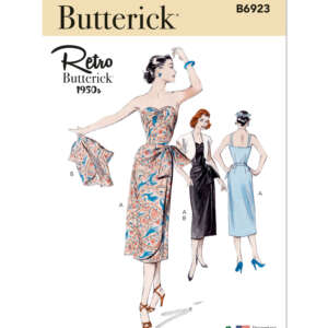 Illustration of a Butterick sewing pattern (B6923). It shows two women modeling 1950s retro dresses: a sleeveless, strapless dress with a sweetheart neckline, one in a colorful print and another in black. A back view shows a light blue version with shoulder straps.