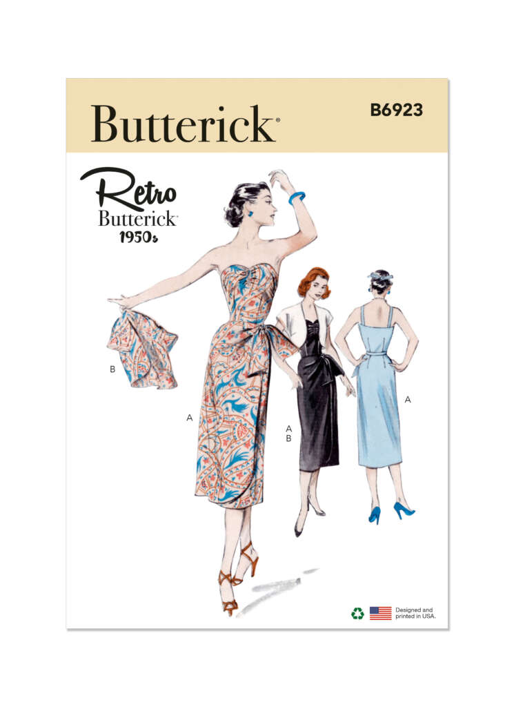 Illustration of a Butterick sewing pattern (B6923). It shows two women modeling 1950s retro dresses: a sleeveless, strapless dress with a sweetheart neckline, one in a colorful print and another in black. A back view shows a light blue version with shoulder straps.