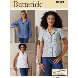 Cover of a Butterick sewing pattern B6924, featuring three women's button-up shirts. Top left: long-sleeved blue shirt; bottom left: sleeveless white shirt; right: short-sleeved patterned shirt. The title reads "The Palmer/Pletsch Complete Pattern Fitting Method".