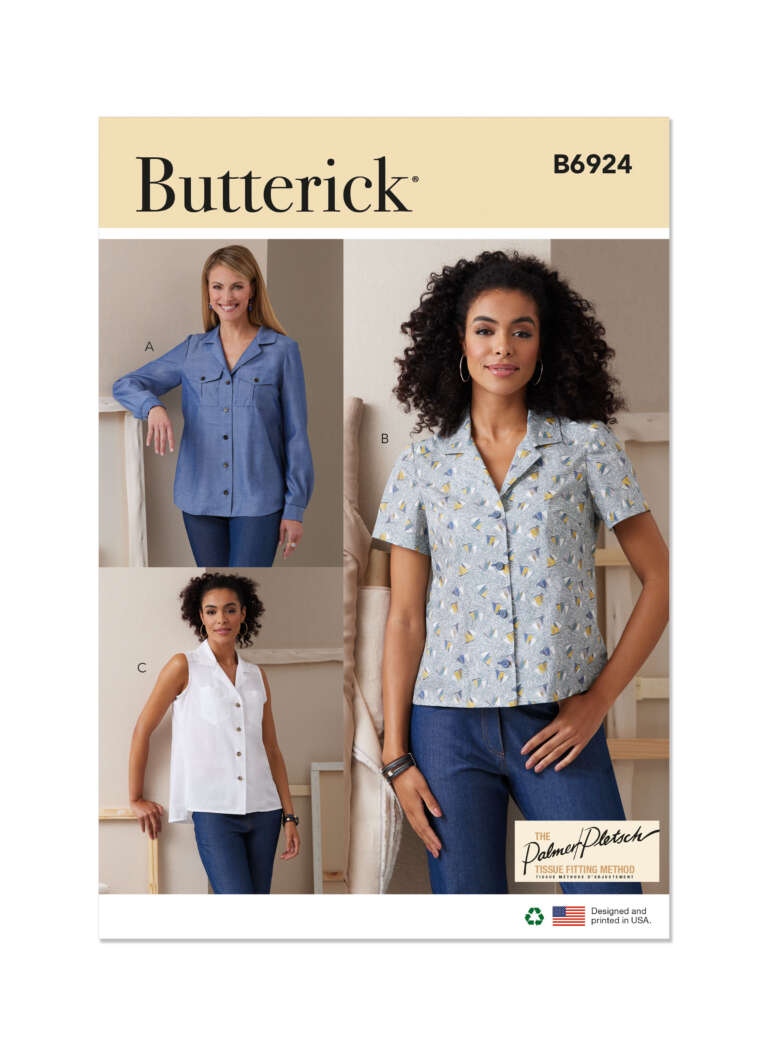 Cover of a Butterick sewing pattern B6924, featuring three women's button-up shirts. Top left: long-sleeved blue shirt; bottom left: sleeveless white shirt; right: short-sleeved patterned shirt. The title reads "The Palmer/Pletsch Complete Pattern Fitting Method".