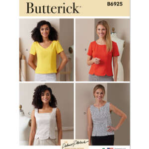 A sewing pattern cover featuring four women modeling different blouse styles. The top left wears a short-sleeve yellow blouse, the top right wears a short-sleeve orange blouse, the bottom left wears a sleeveless white blouse, and the bottom right wears a sleeveless patterned blouse. The pattern is from Butterick, code B6925..