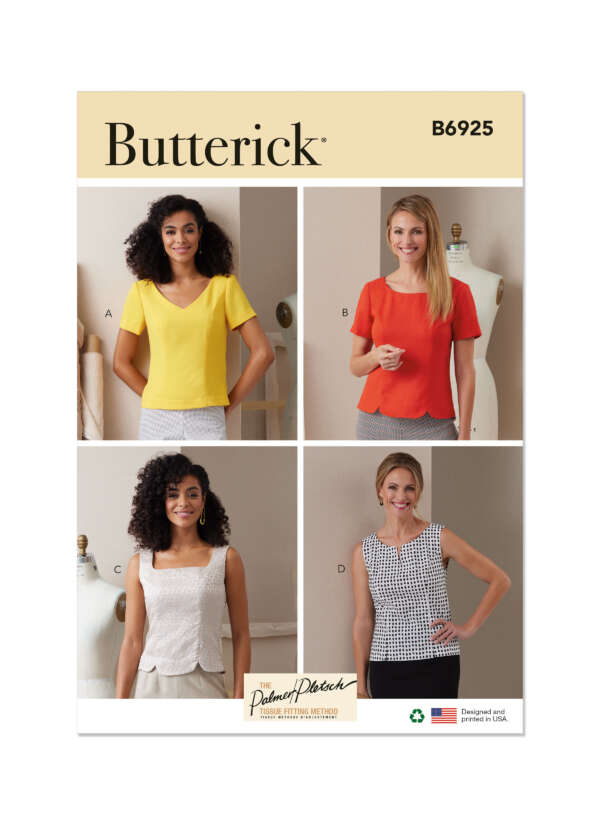 A sewing pattern cover featuring four women modeling different blouse styles. The top left wears a short-sleeve yellow blouse, the top right wears a short-sleeve orange blouse, the bottom left wears a sleeveless white blouse, and the bottom right wears a sleeveless patterned blouse. The pattern is from Butterick, code B6925..