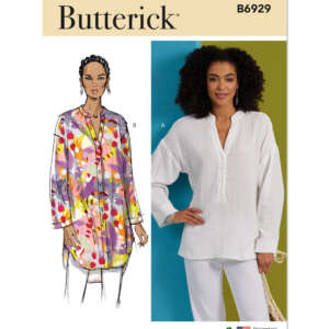 Pattern envelope for Butterick B6929, featuring two designs for a loose, long-sleeve tunic. Design A is colorful and floral, while Design B is solid white. Both tunics have a relaxed fit and a v-neck with a partial button-down front. Model wearing Design B.