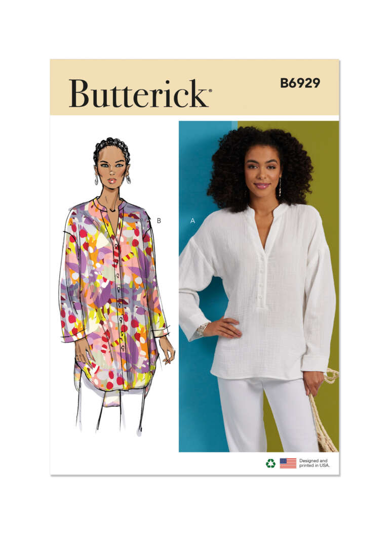 Pattern envelope for Butterick B6929, featuring two designs for a loose, long-sleeve tunic. Design A is colorful and floral, while Design B is solid white. Both tunics have a relaxed fit and a v-neck with a partial button-down front. Model wearing Design B.