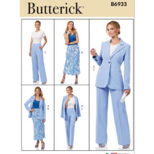 Pattern cover for Butterick B6933, featuring four women's outfits. Outfit A: white top and light blue pants. Outfit B: blue sleeveless top and patterned skirt. Outfit C: light blue pantsuit with a blazer. Each outfit is displayed with a model.